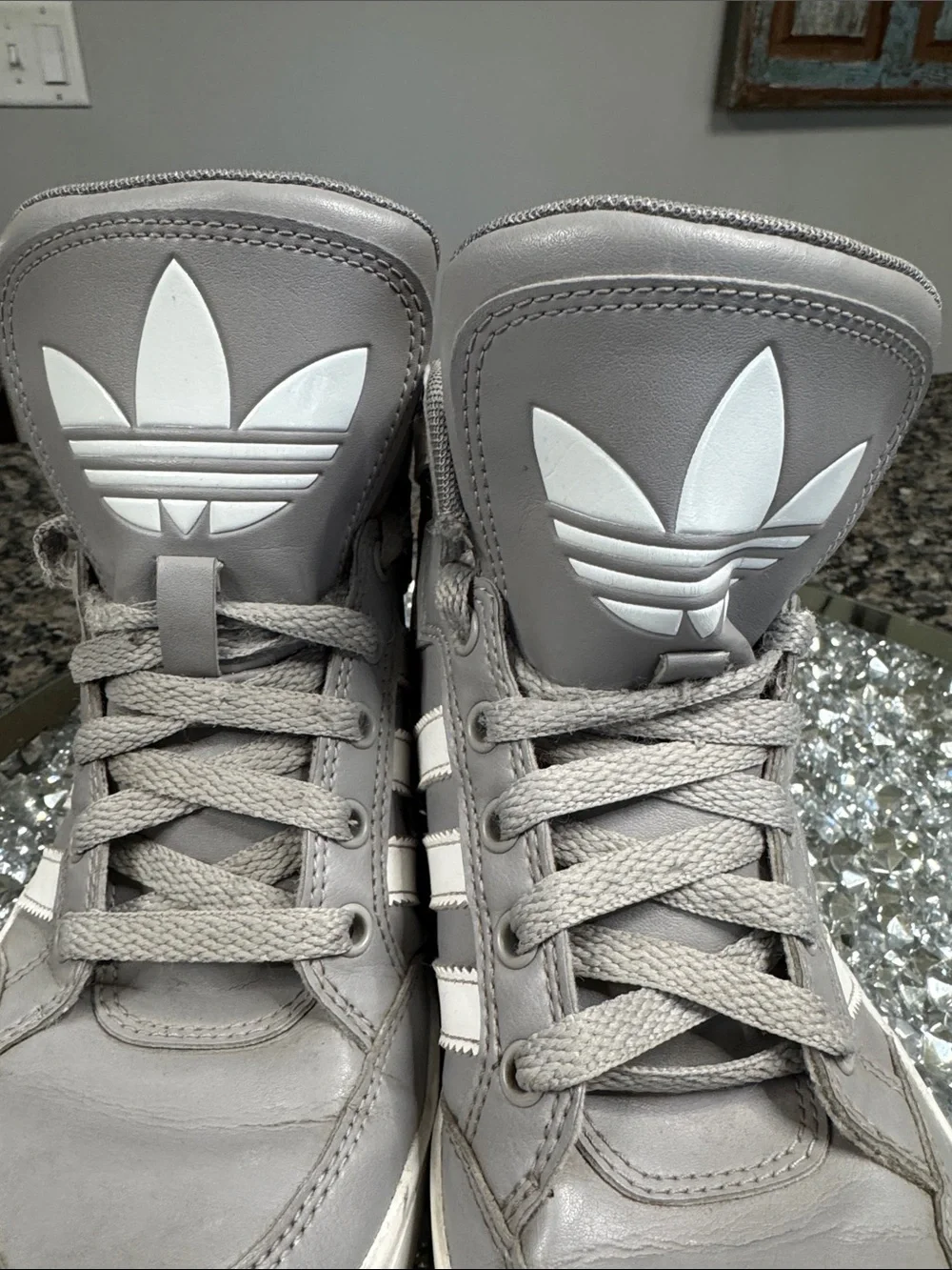 adidas Gray and White high Top Sneakers with Trefoil Logo EUC